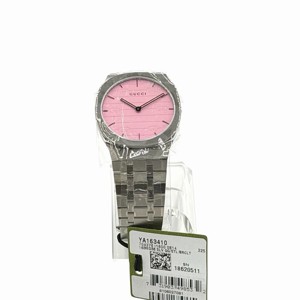 NWT Gucci 25H Pink Dial Stainless Steel Watch 38mm YA163410 Full Se